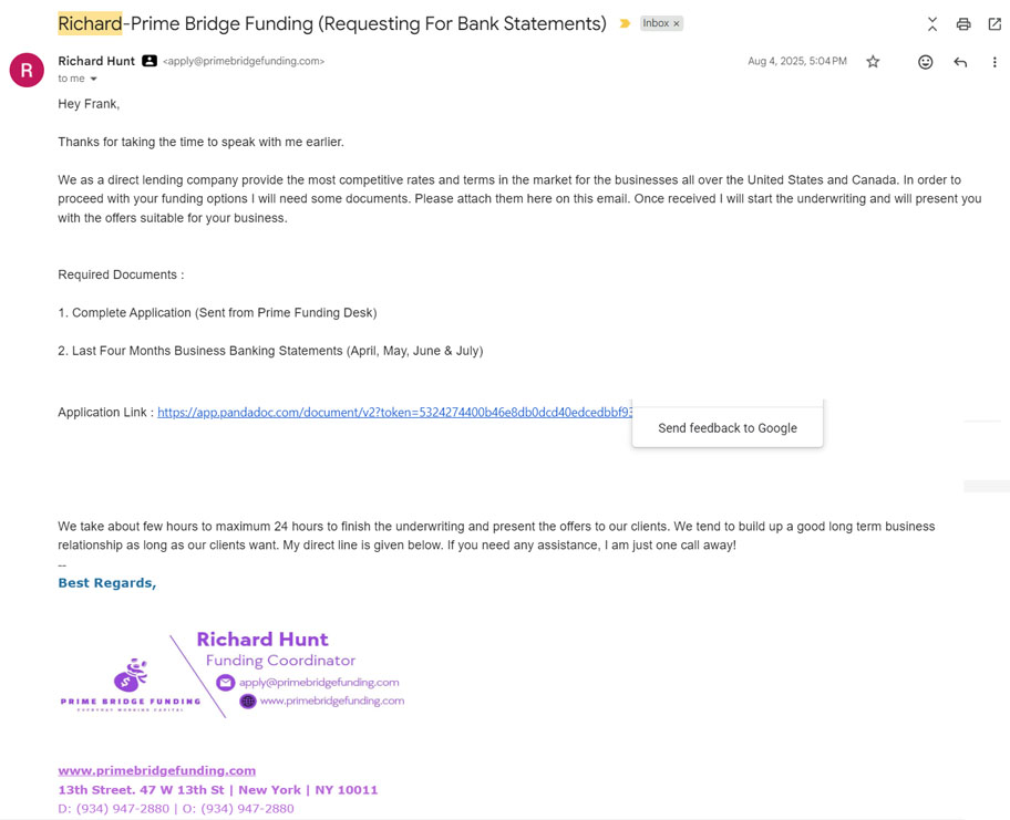 Email from Richard Hunt at Prime Bridge Funding